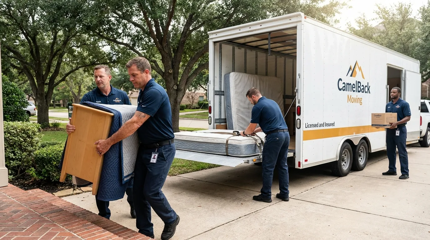 Crew loading residential truck for cross-state move from Albion, NY