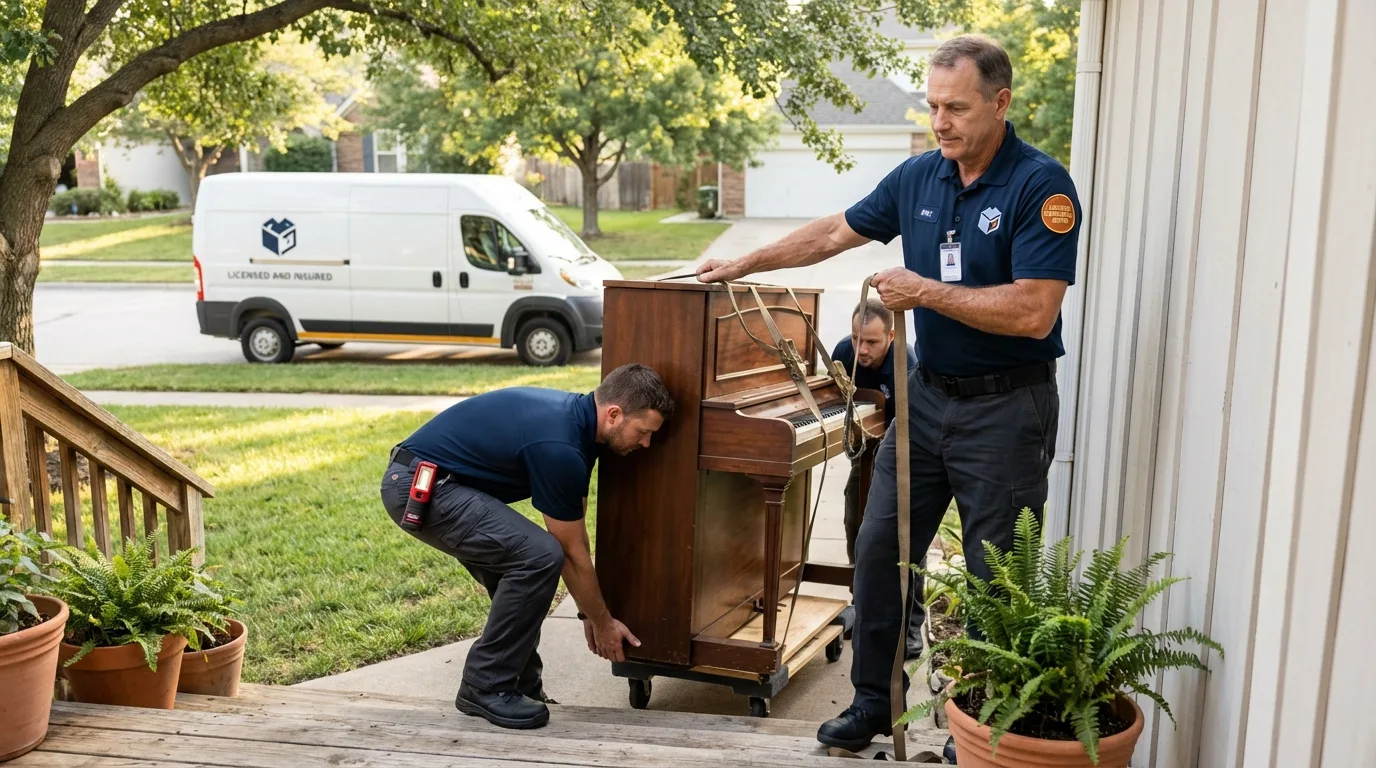 Licensed piano movers securing grand piano in Albion, NY