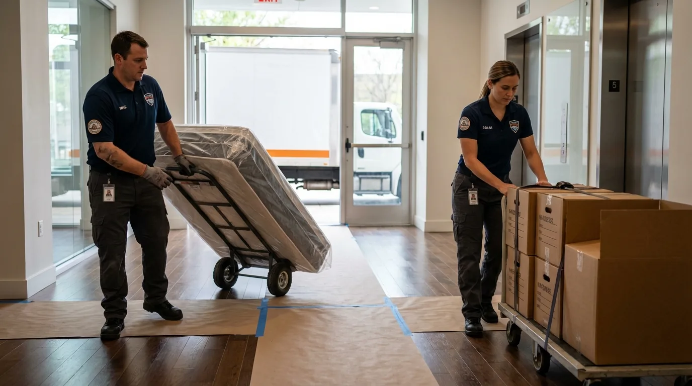 Professional apartment movers loading elevator in Albion, NY