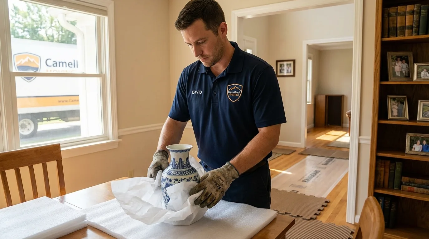 Professional crew carefully wrapping antique vase for senior downsizing move in Albion, NY