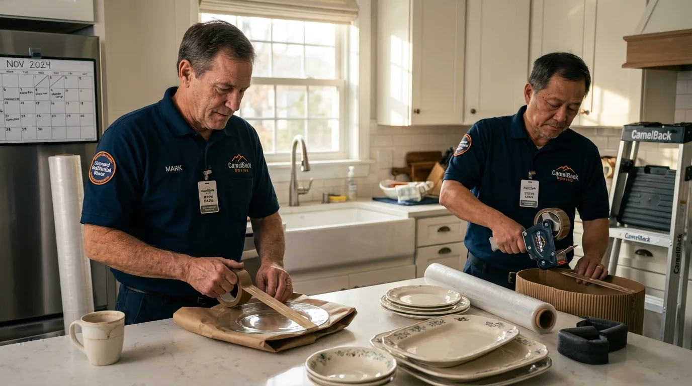 Professional crew packing kitchen dishware in Albion, NY